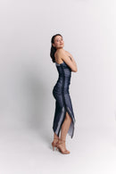 Sleeveless Blue Charcoal Ruched Midi Dress
