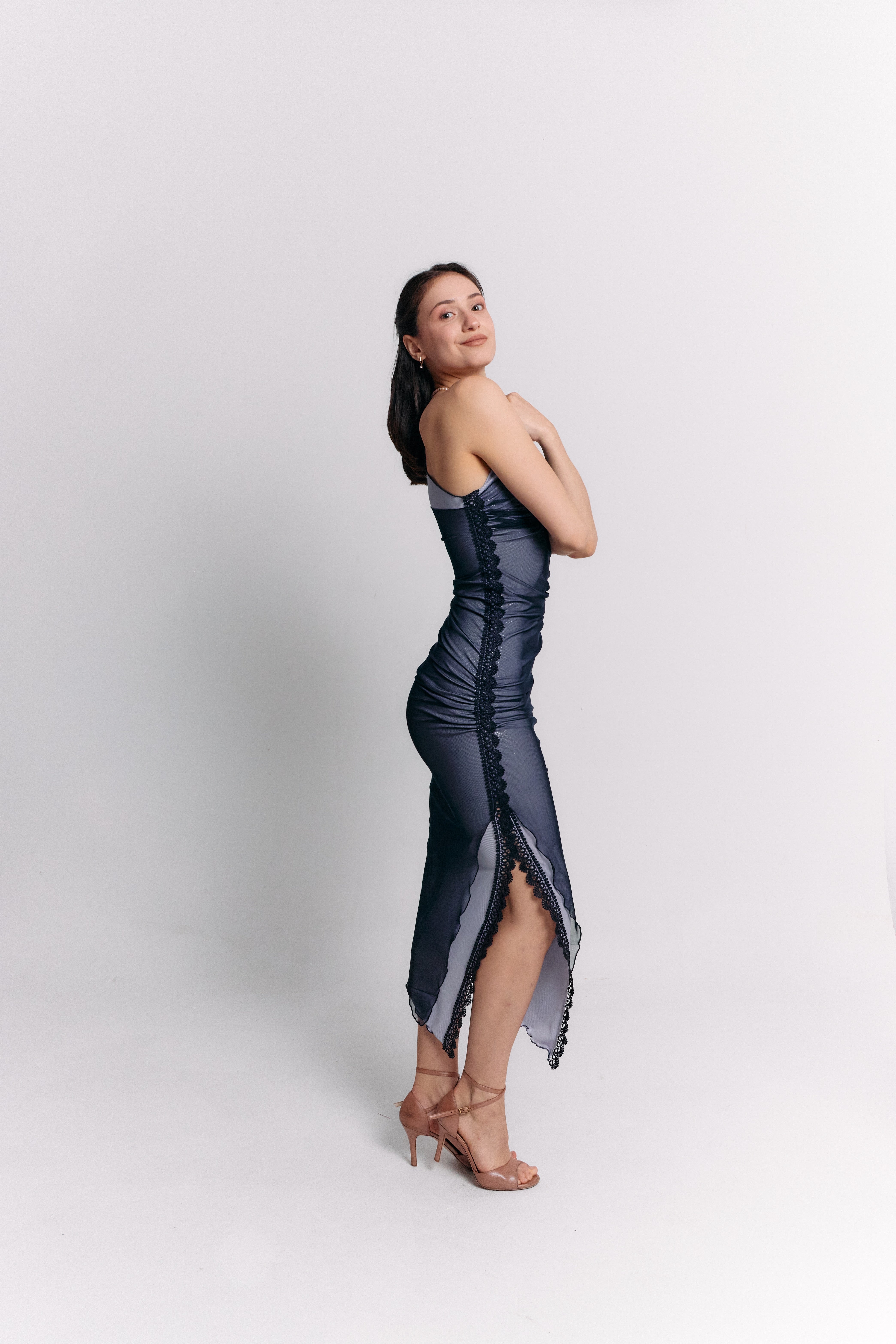 Sleeveless Blue Charcoal Ruched Midi Dress