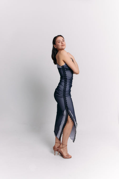 Sleeveless Blue Charcoal Ruched Midi Dress
