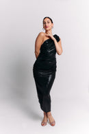 Black Coffee Asymmetrical Flower Dress