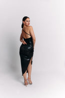 Black Coffee Asymmetrical Flower Dress