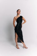 Black Coffee Asymmetrical Flower Dress