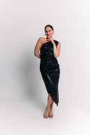 Black Coffee Asymmetrical Flower Dress
