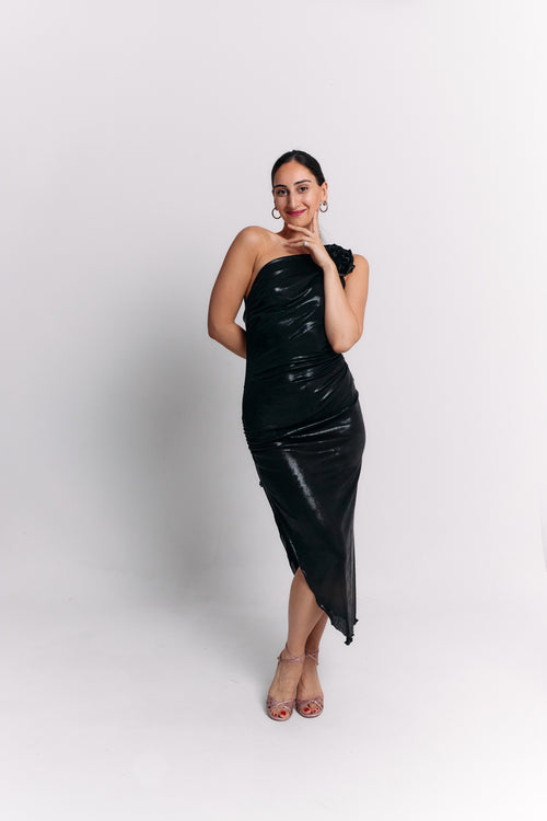Black Coffee Asymmetrical Flower Dress