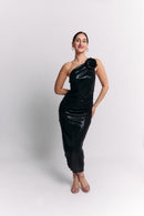 Black Coffee Asymmetrical Flower Dress
