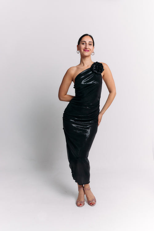 Black Coffee Asymmetrical Flower Dress