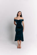 Teal Velvet Off-Shoulder Maxi Dress