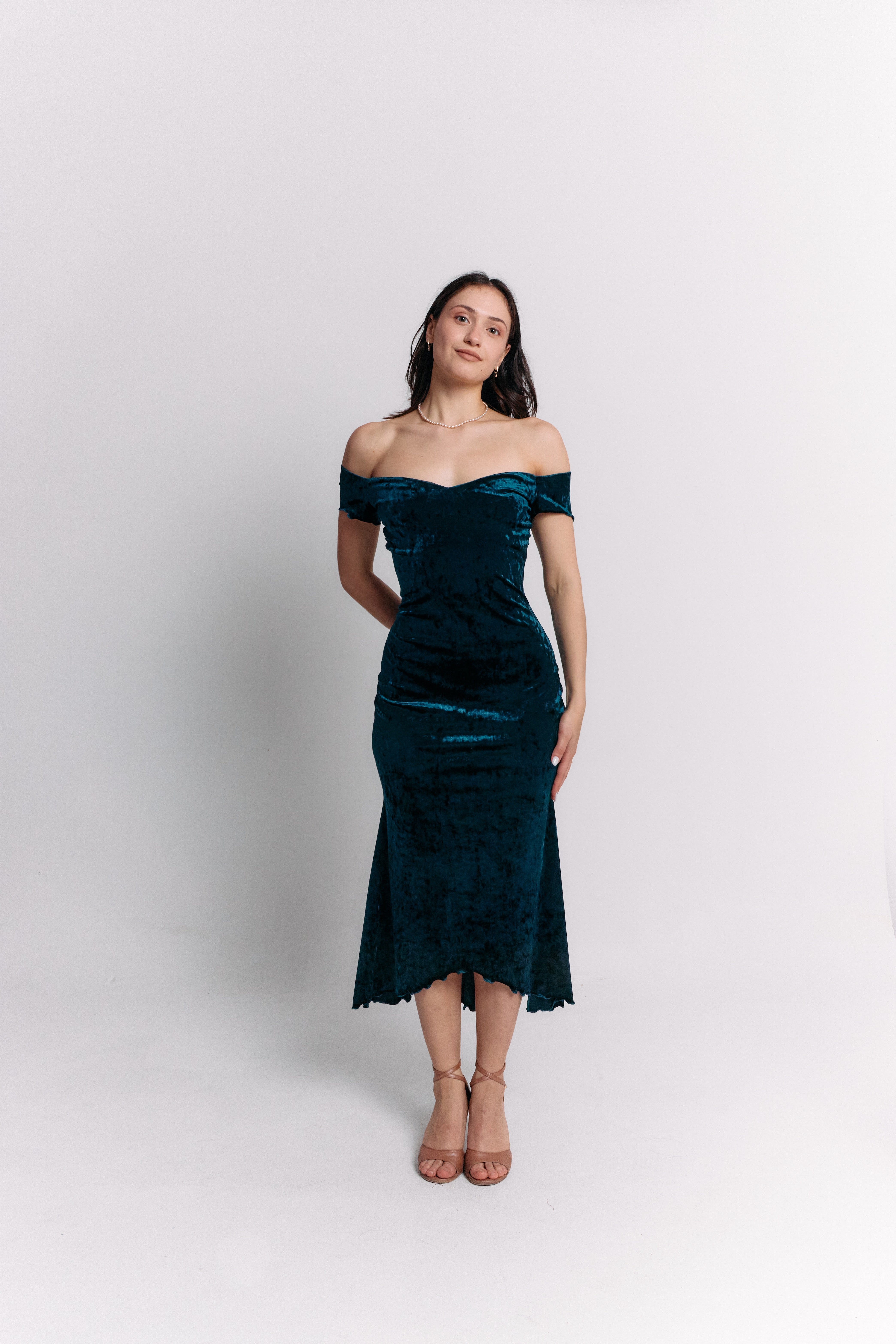 Teal Velvet Off-Shoulder Maxi Dress