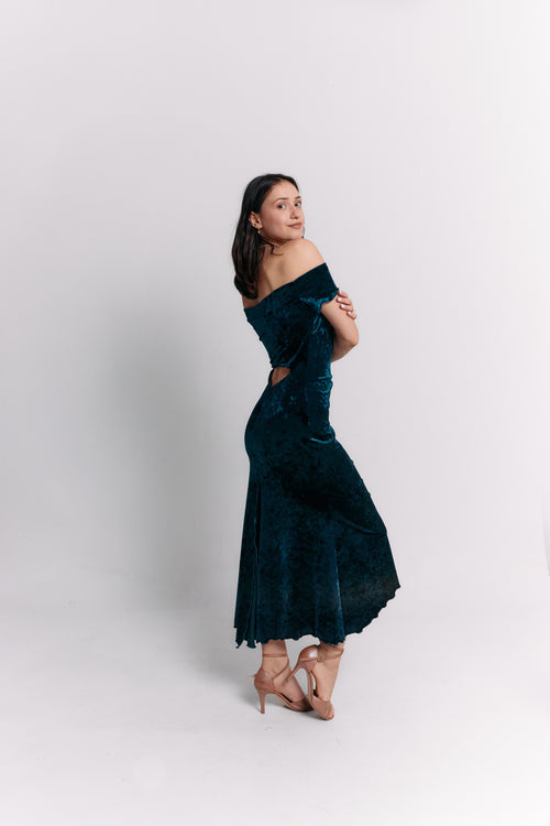 Teal Velvet Off-Shoulder Maxi Dress