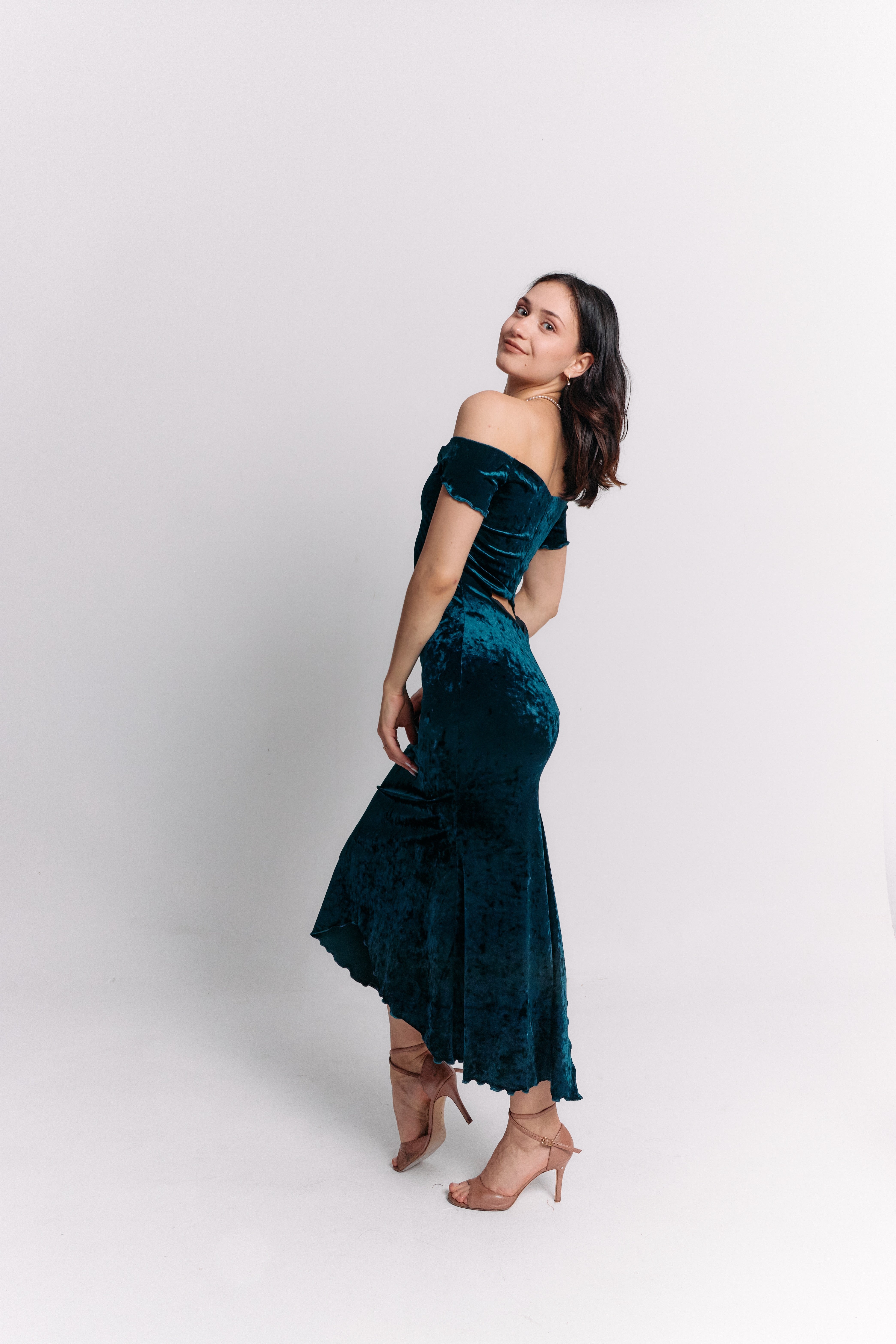 Teal Velvet Off-Shoulder Maxi Dress