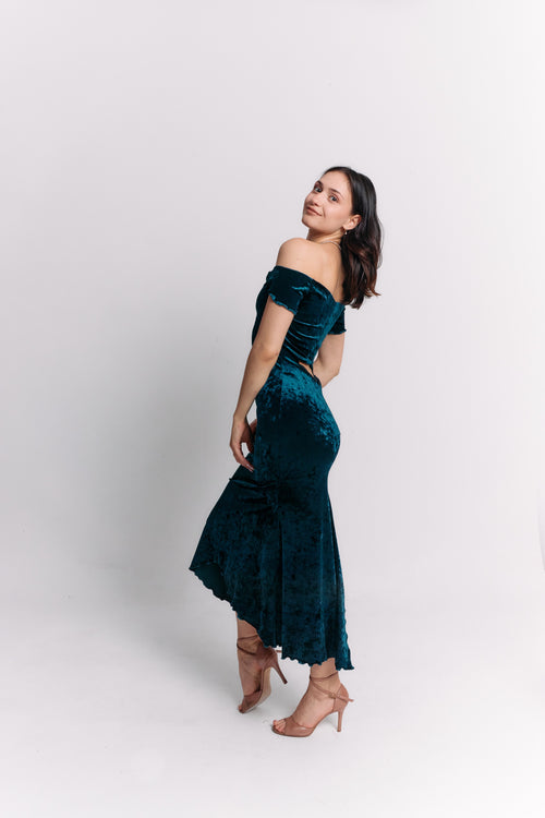Teal Velvet Off-Shoulder Maxi Dress