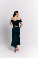 Teal Velvet Off-Shoulder Maxi Dress