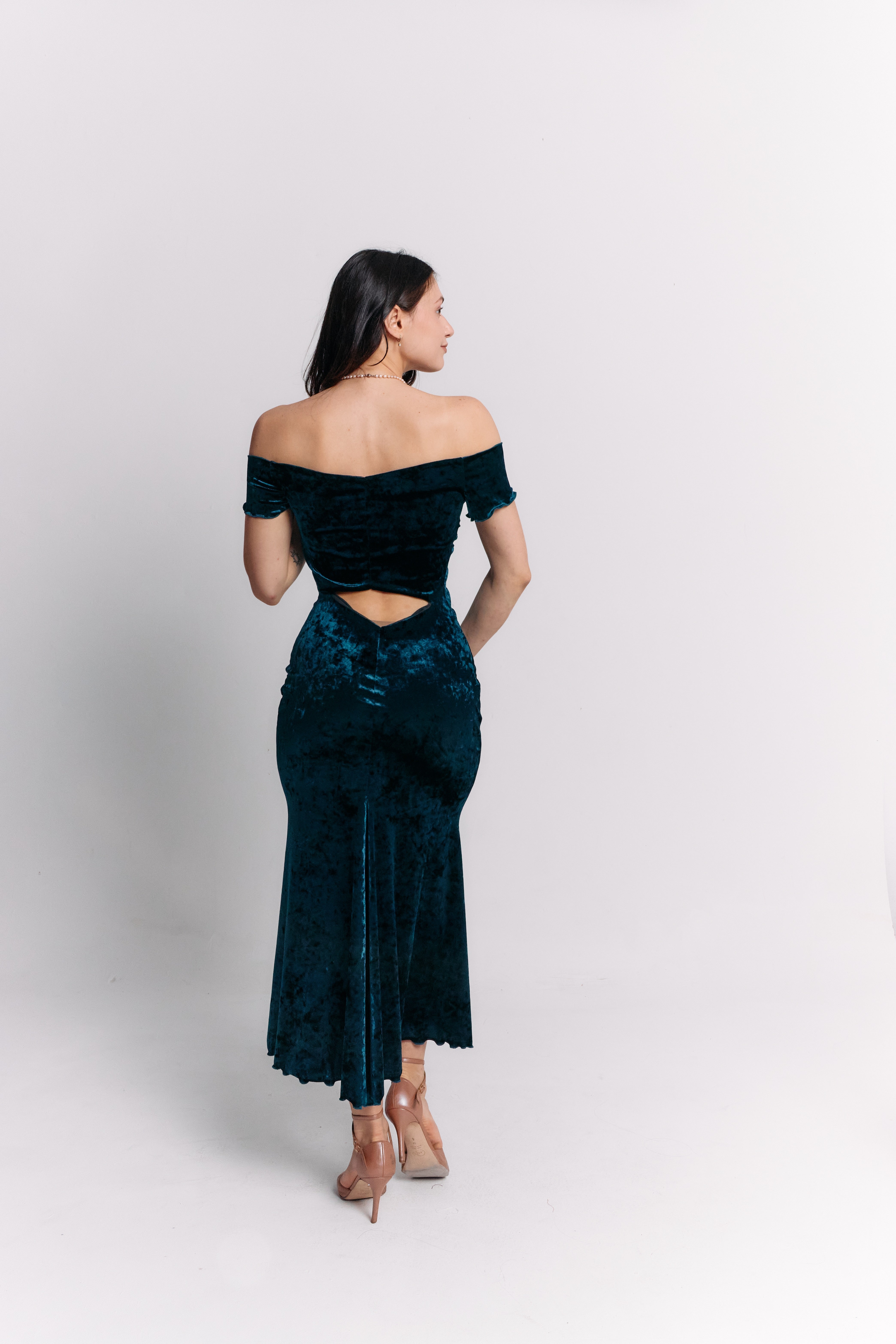 Teal Velvet Off-Shoulder Maxi Dress