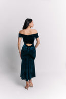 Teal Velvet Off-Shoulder Maxi Dress