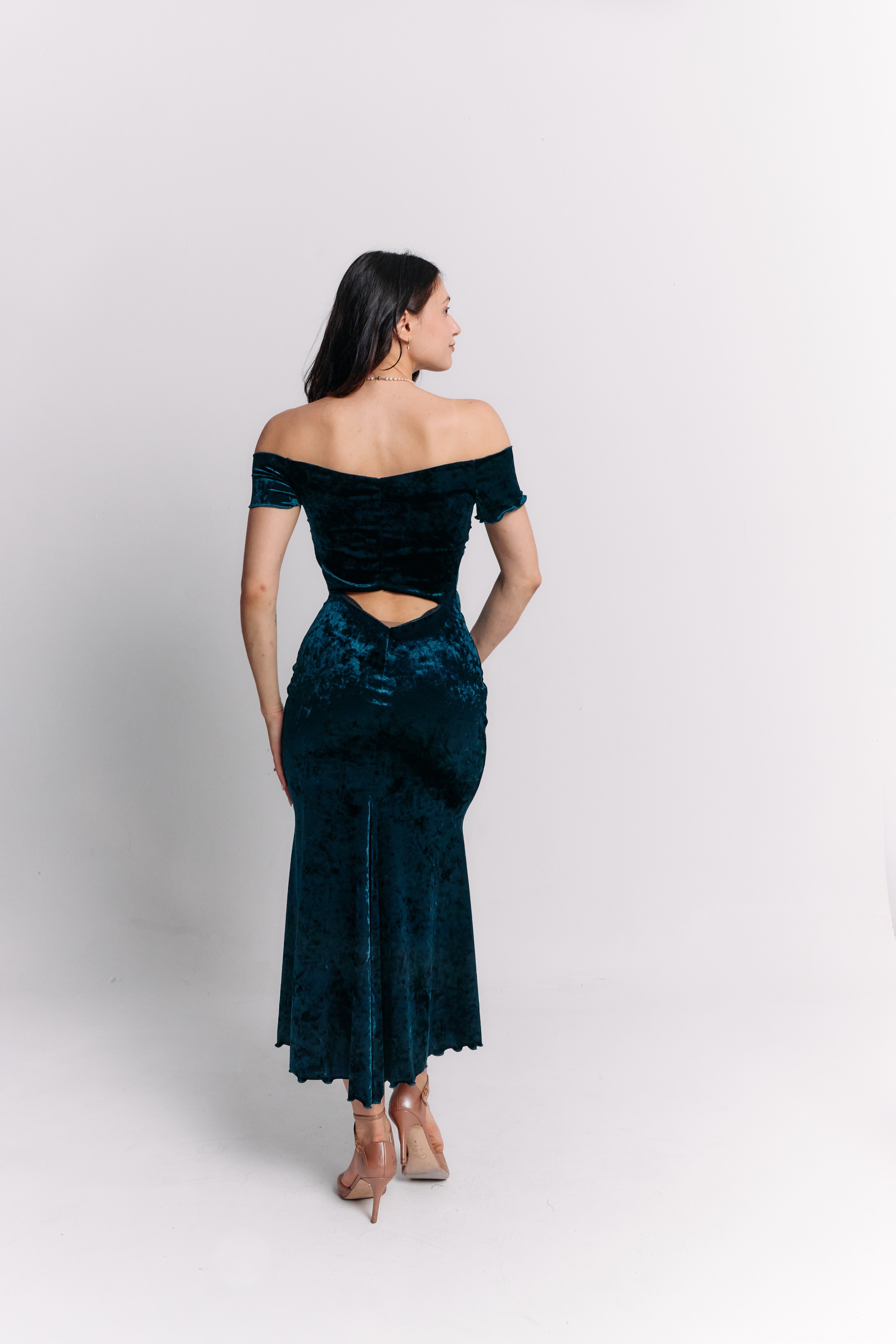 Teal Velvet Off-Shoulder Maxi Dress