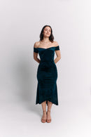 Teal Velvet Off-Shoulder Maxi Dress