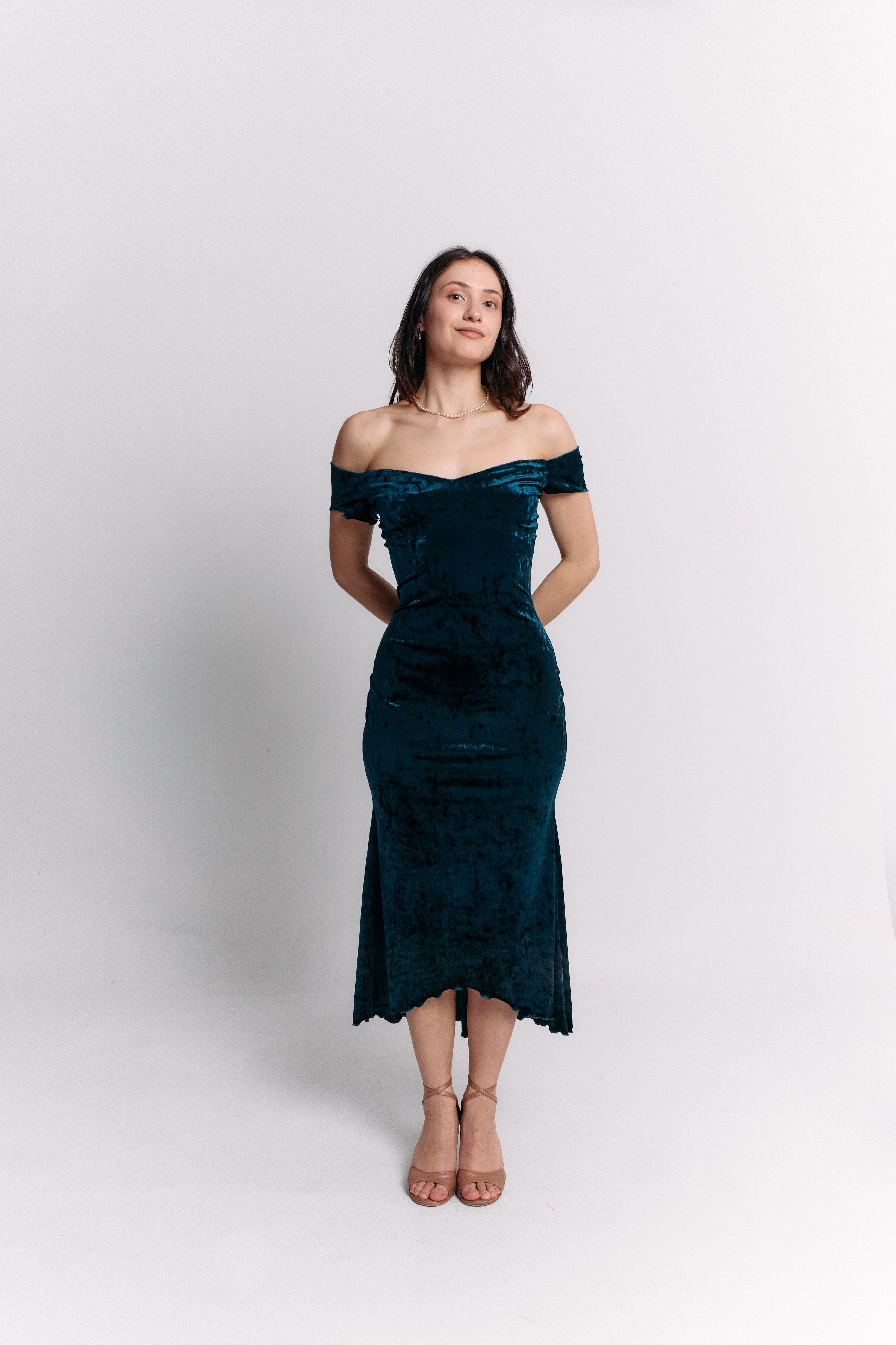 Teal Velvet Off-Shoulder Maxi Dress