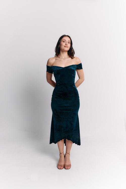 Teal Velvet Off-Shoulder Maxi Dress