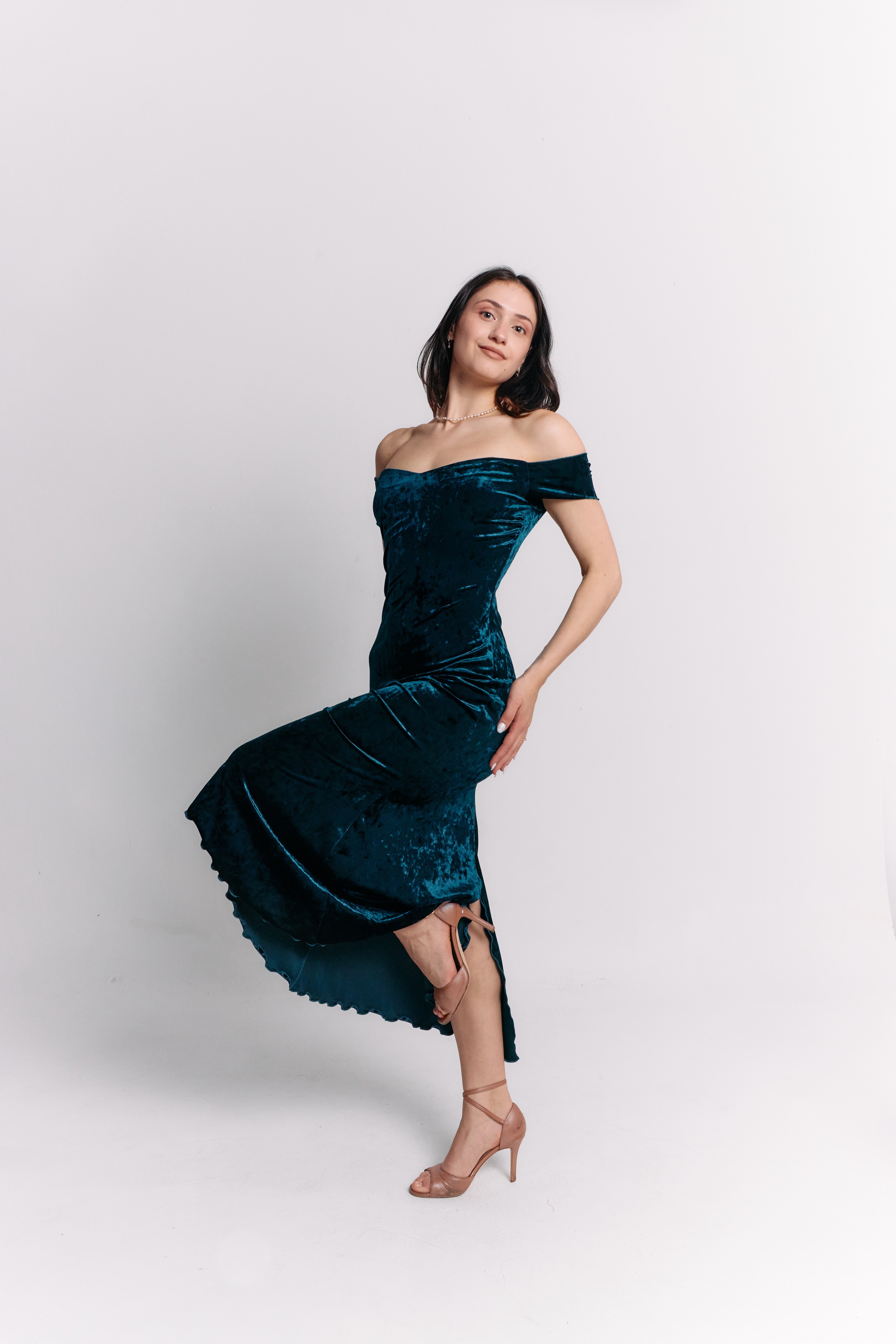 Teal Velvet Off-Shoulder Maxi Dress