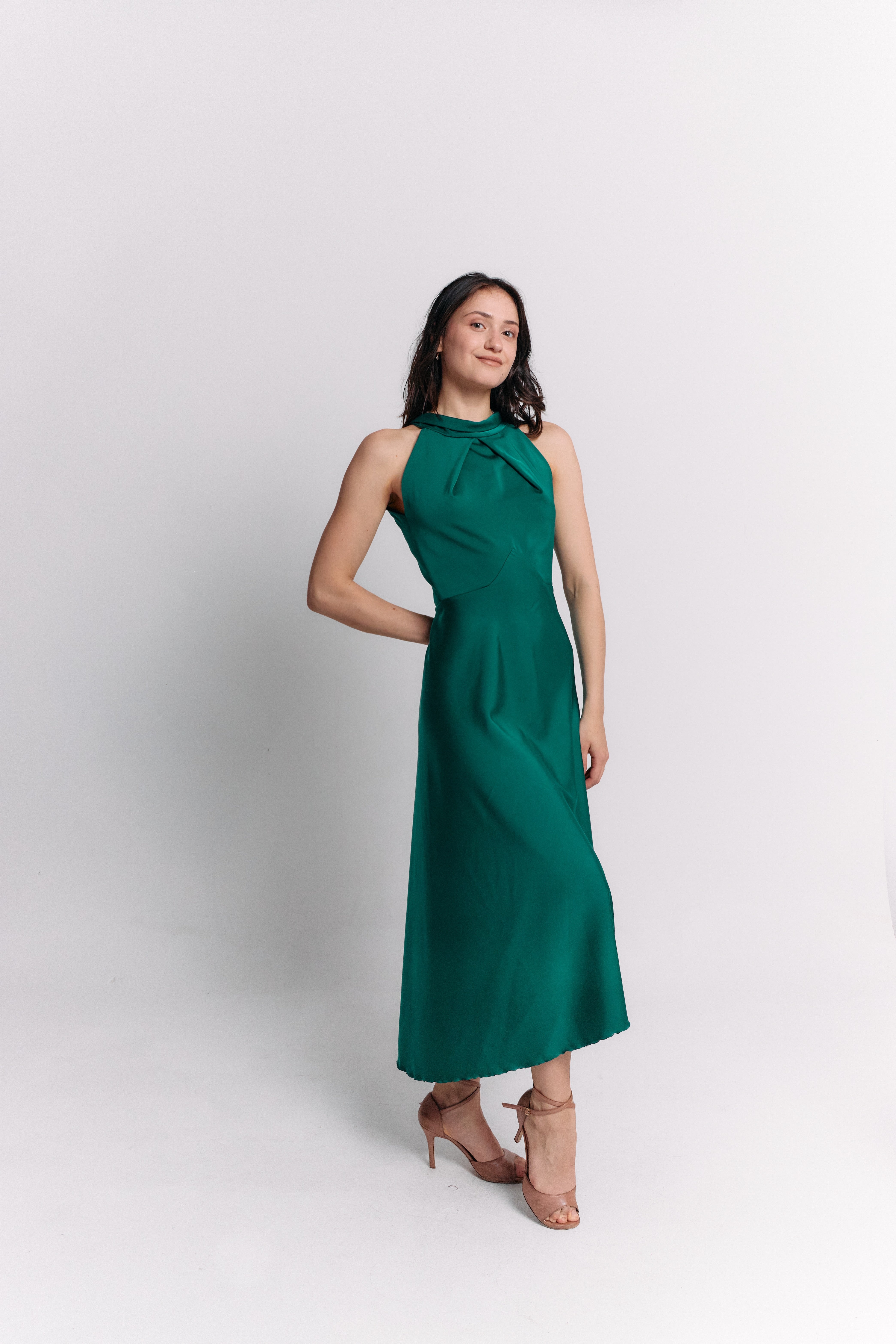 Open Back Emerald Satin Dress