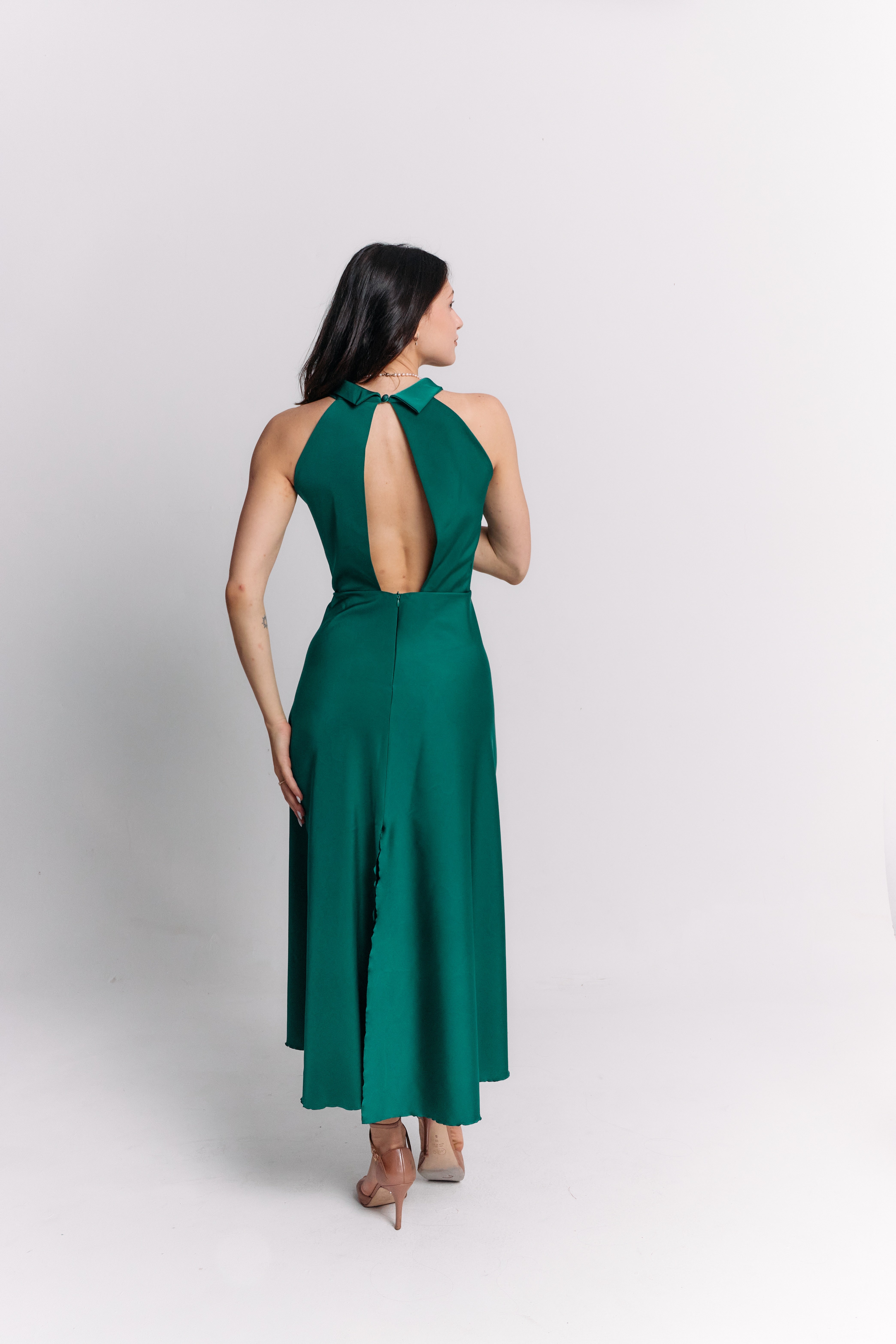Open Back Emerald Satin Dress