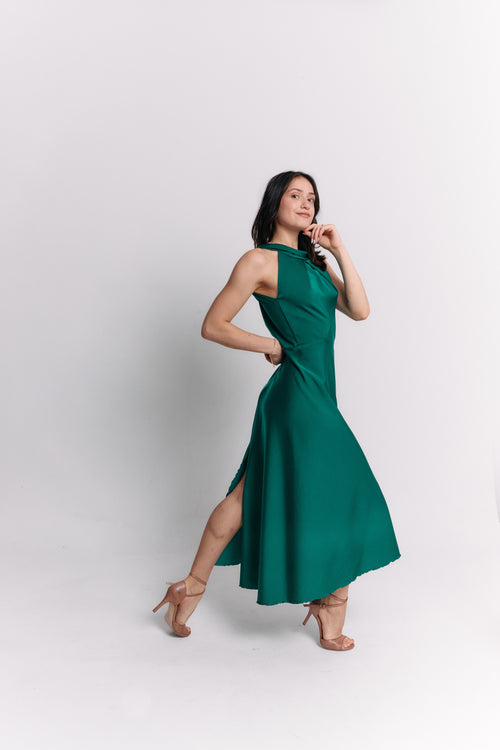 Open Back Emerald Satin Dress