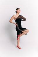 Woman wearing a black dress with sheer sleeve and red shoes on a white background