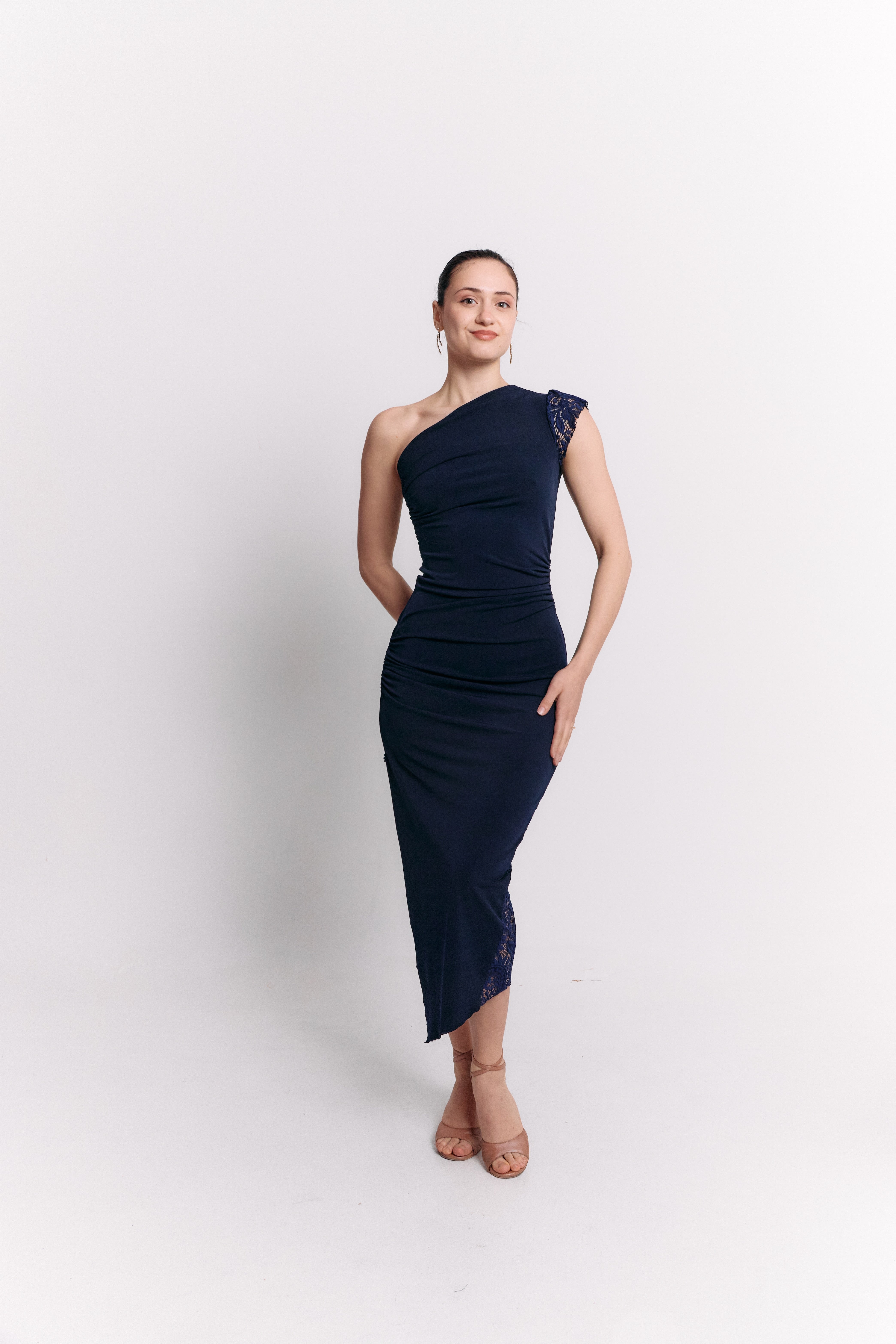 Navy Lace Panel Asymmetrical Dress