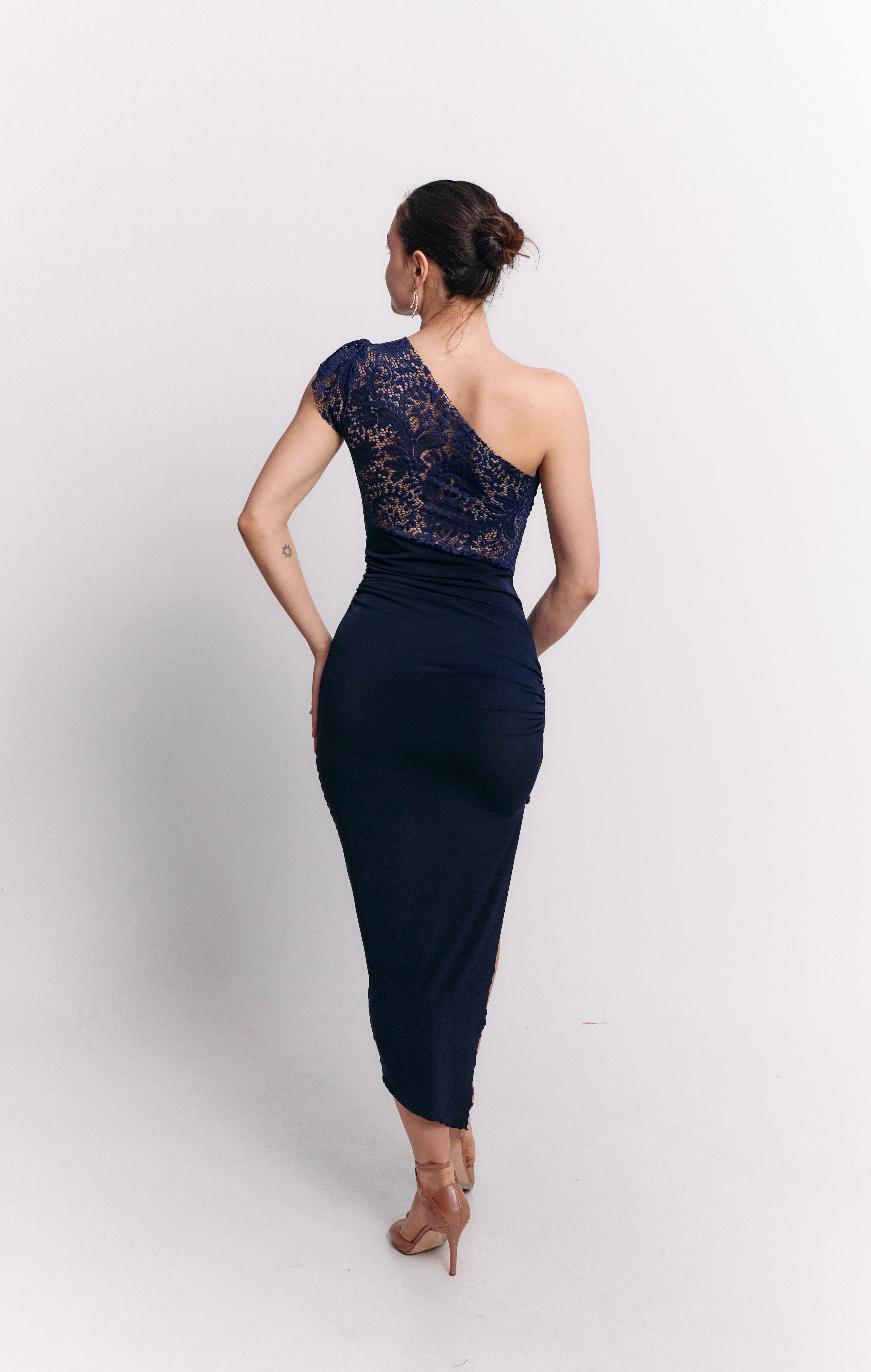Navy Lace Panel Asymmetrical Dress