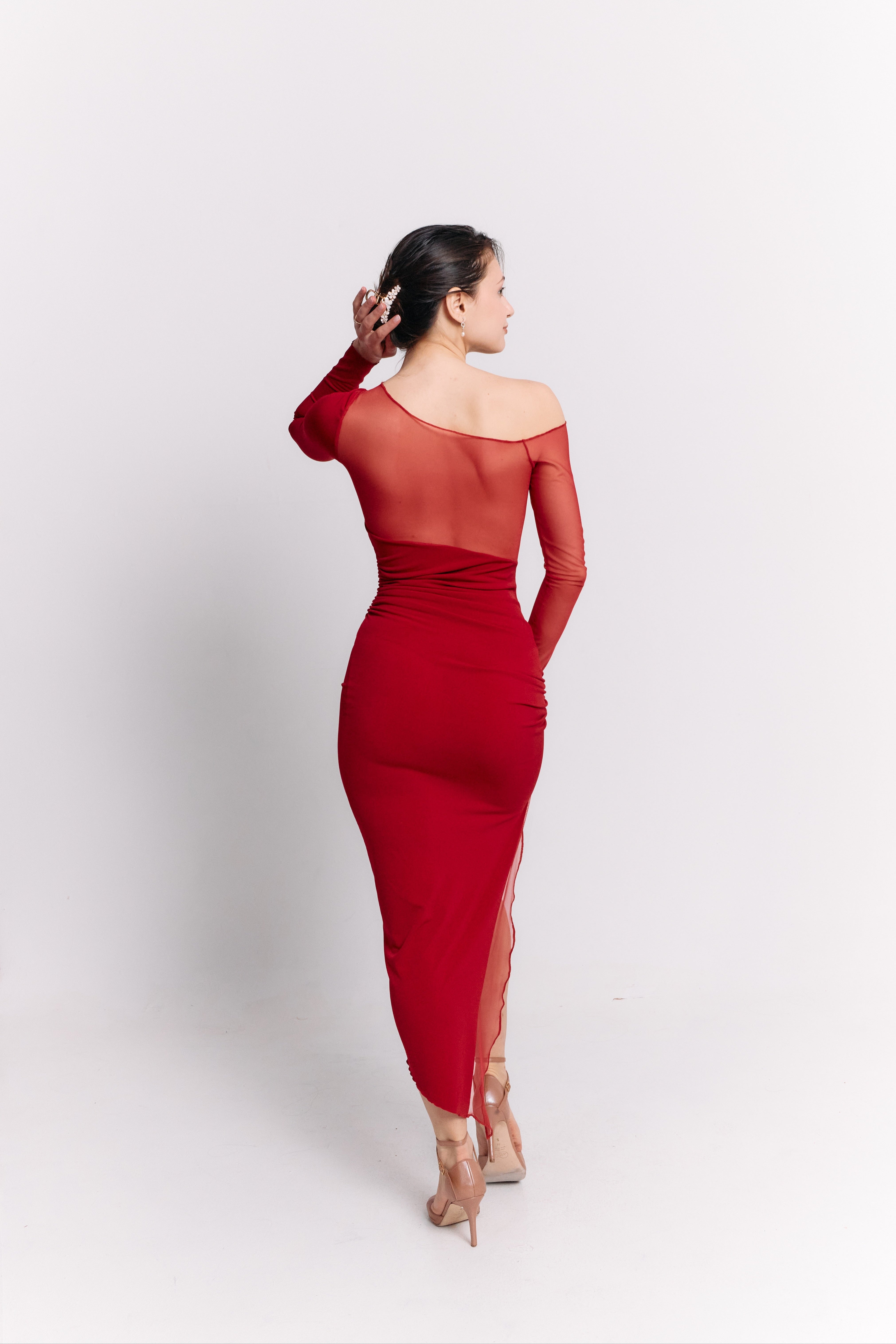 Scarlet Mesh Asymmetrical Long-Sleeve Dress